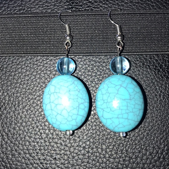 Turquoise Magnesite Stone Blue wiring dangle earring oval 2” - Picture 3 of 9